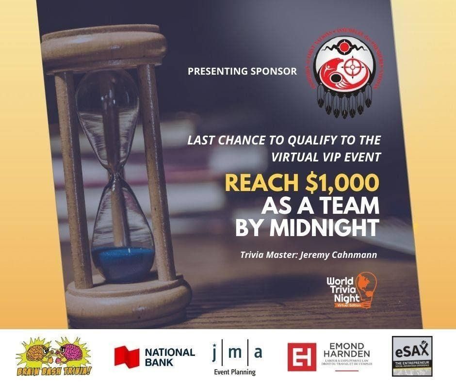 Screenshot of a social media graphic urging fundraisers to raise $1000 by midnight to be invited to an event