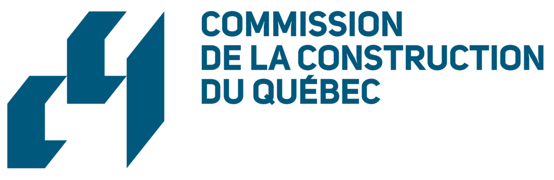 Logo pour la Commission de la construction du Québec : formes abstraites bleues et texte.