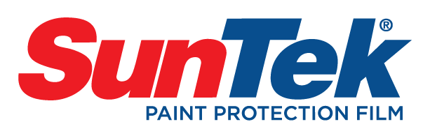 The suntek paint protection film logo is red and blue on a white background.