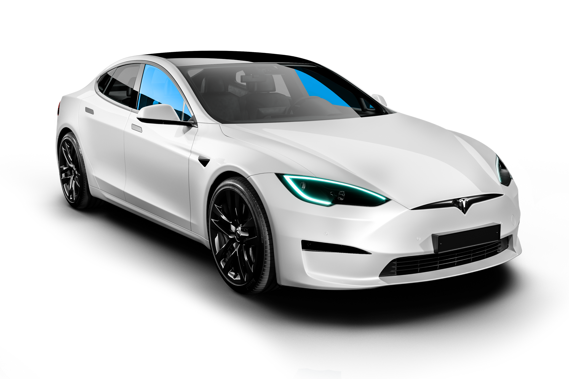 A white tesla model s with a red window