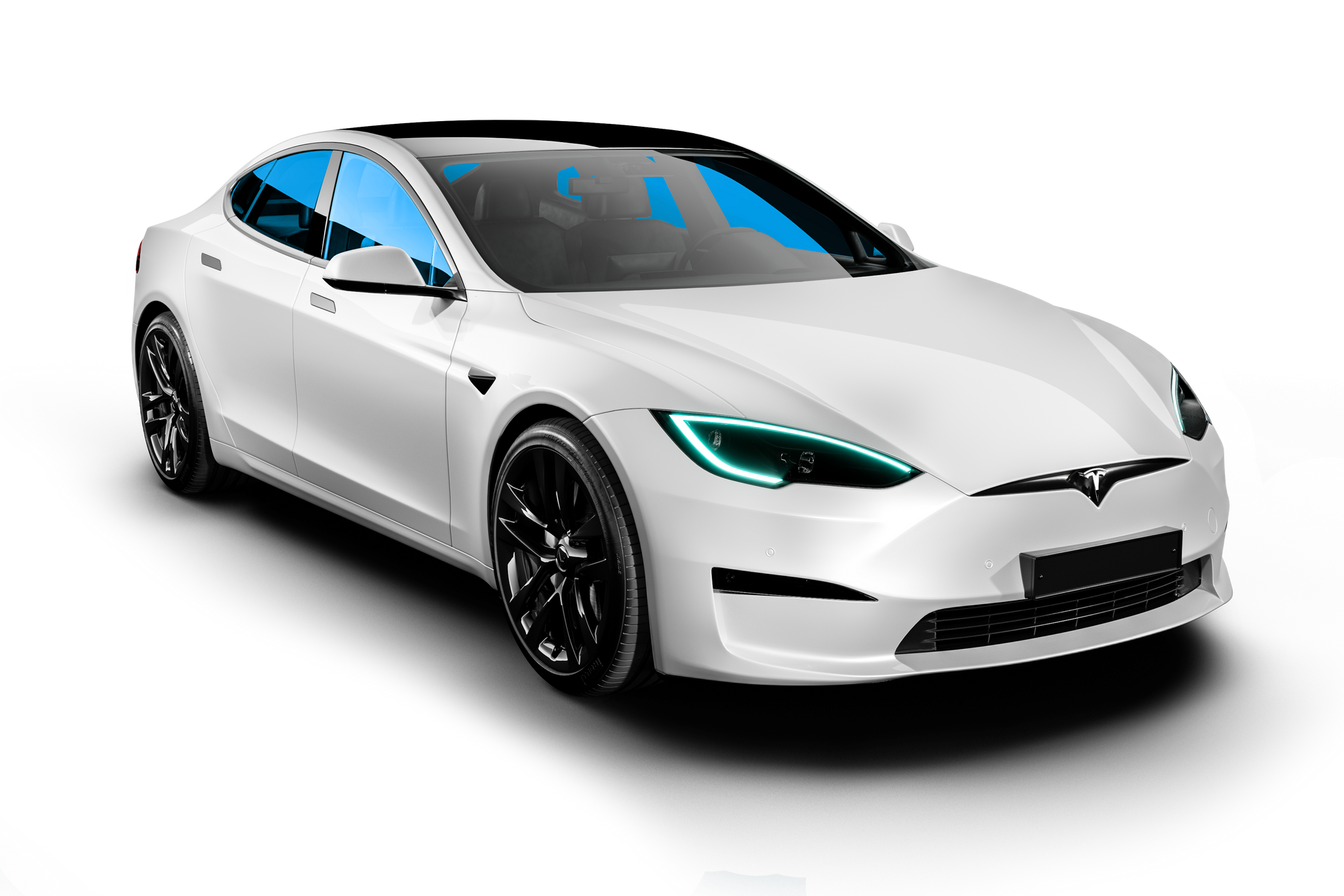 A white tesla model s with red windows 