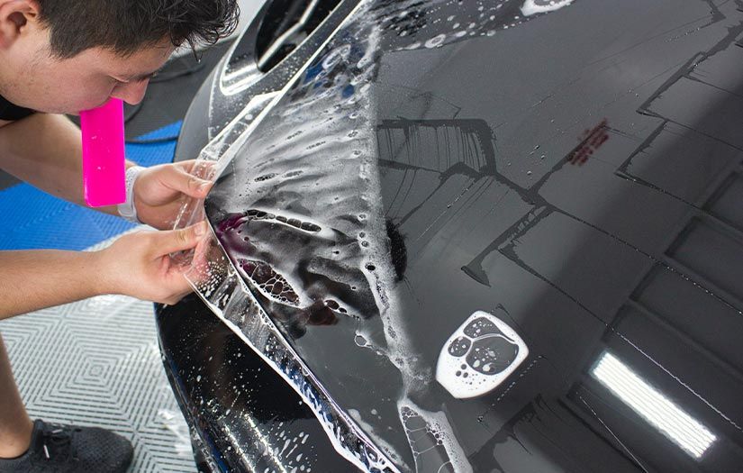 A man is wrapping a black car with a clear film.
