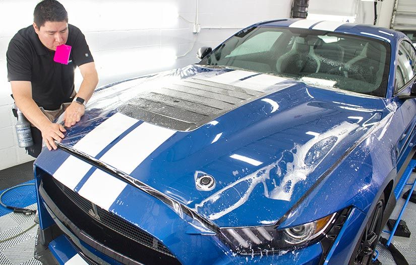 A man is applying a protective film to the hood of a blue mustang.