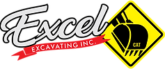 The logo for excel excavating inc. has a cat excavator on it.