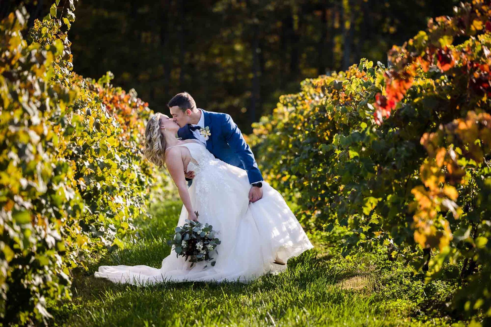 A bride and groom are kissing in a vineyard.