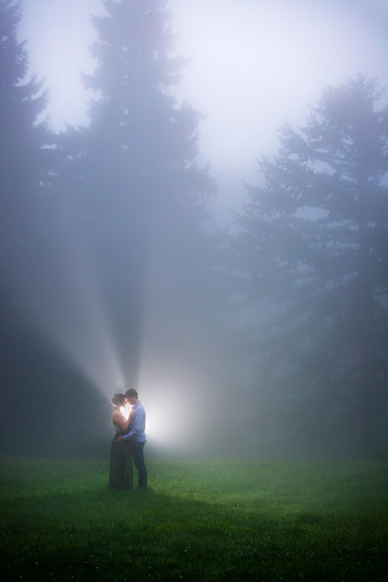 A man and a woman are standing in a field in the fog.