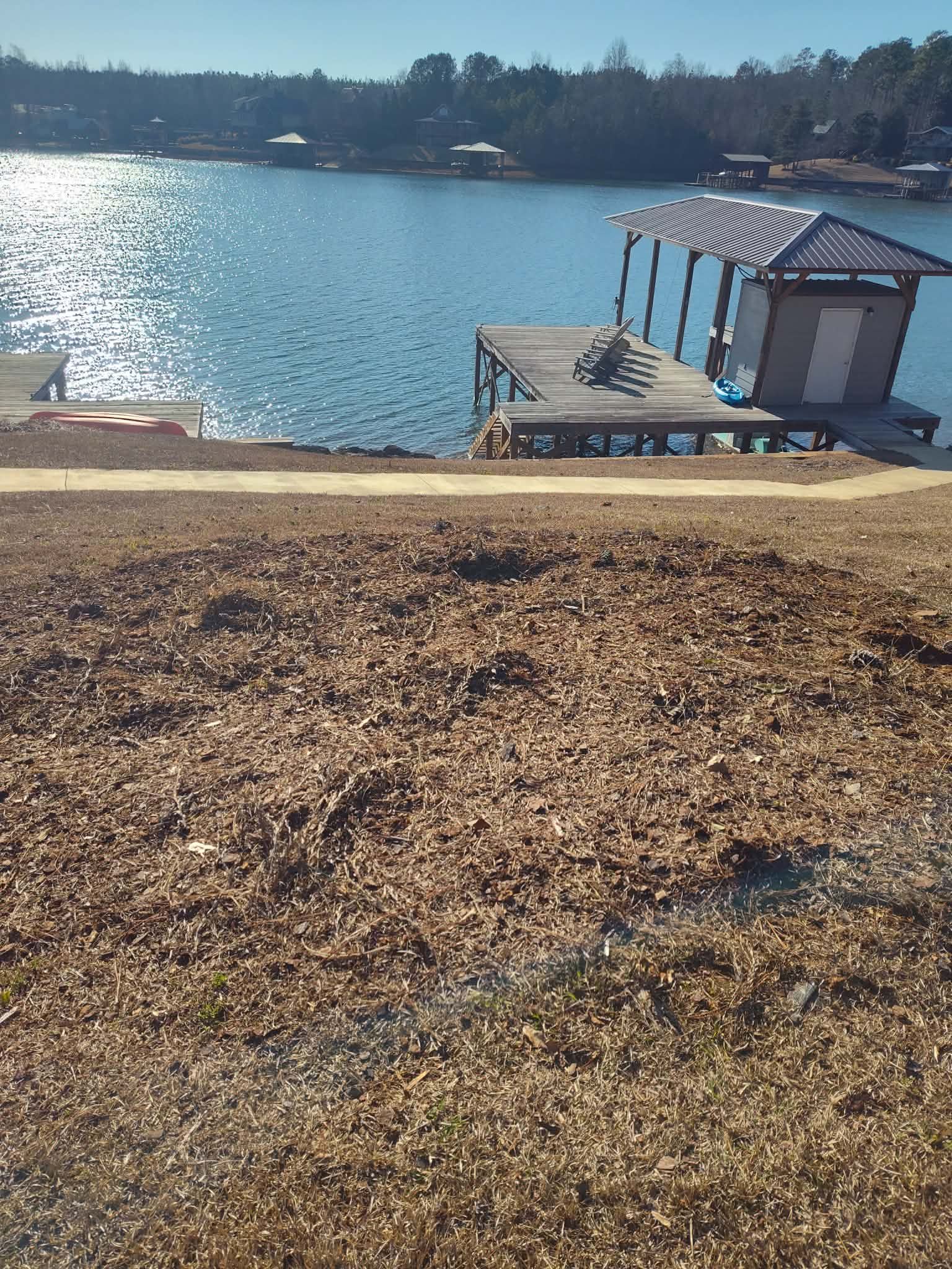 A lake scene with a dock, small building, and shoreline covered in leaves. Sunny day.