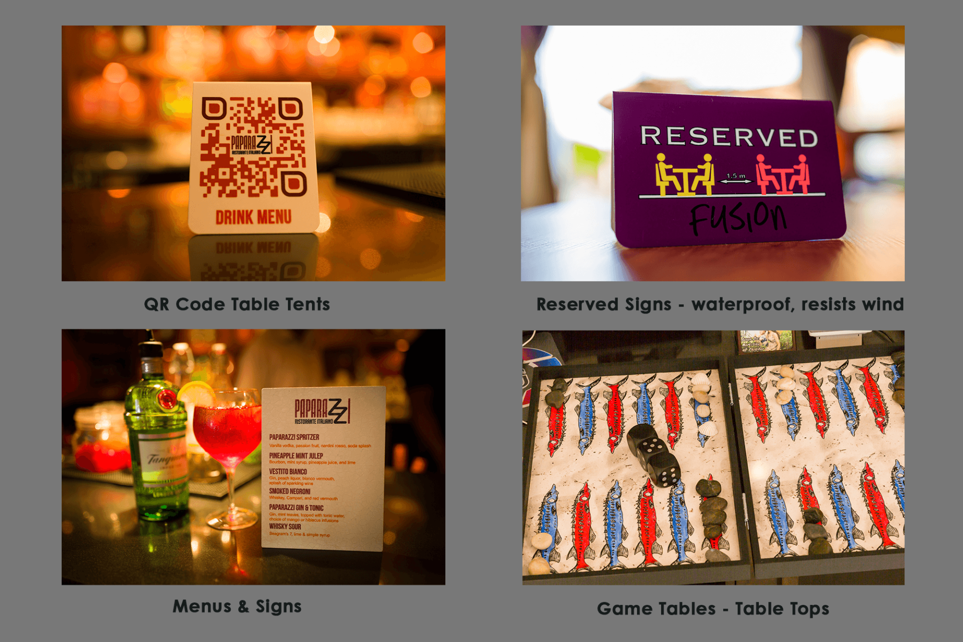 Menus, Signs, Game tables, qr code table tents, reserved signs