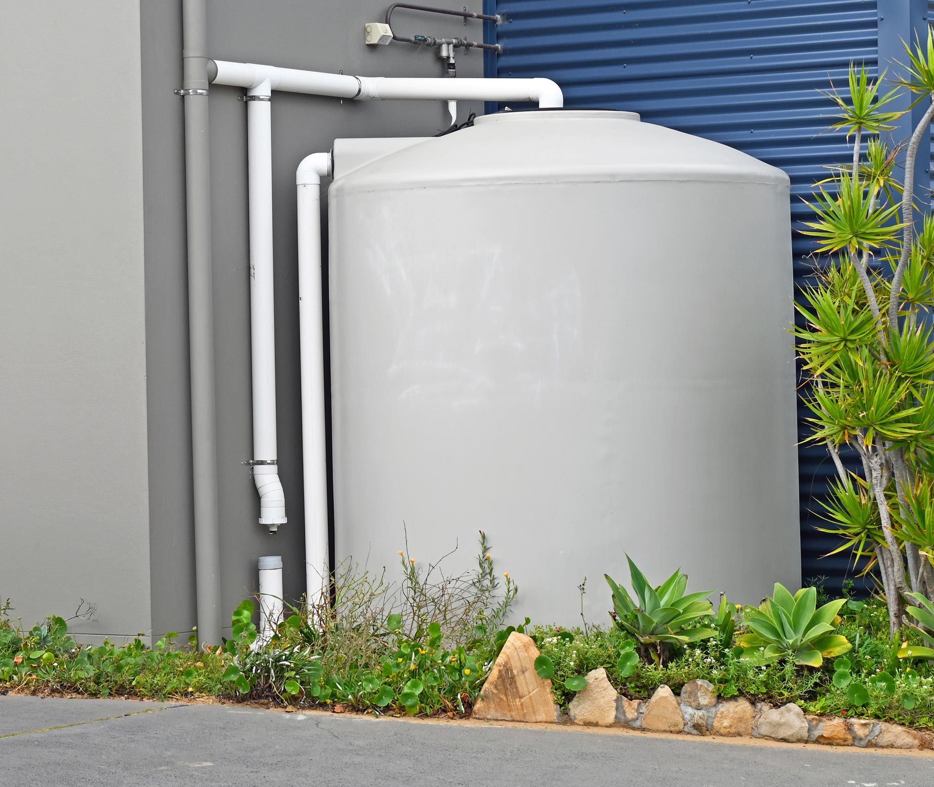 A large, grey water tank against a wall, with white pipes connected; surrounded by plants and a paved area.