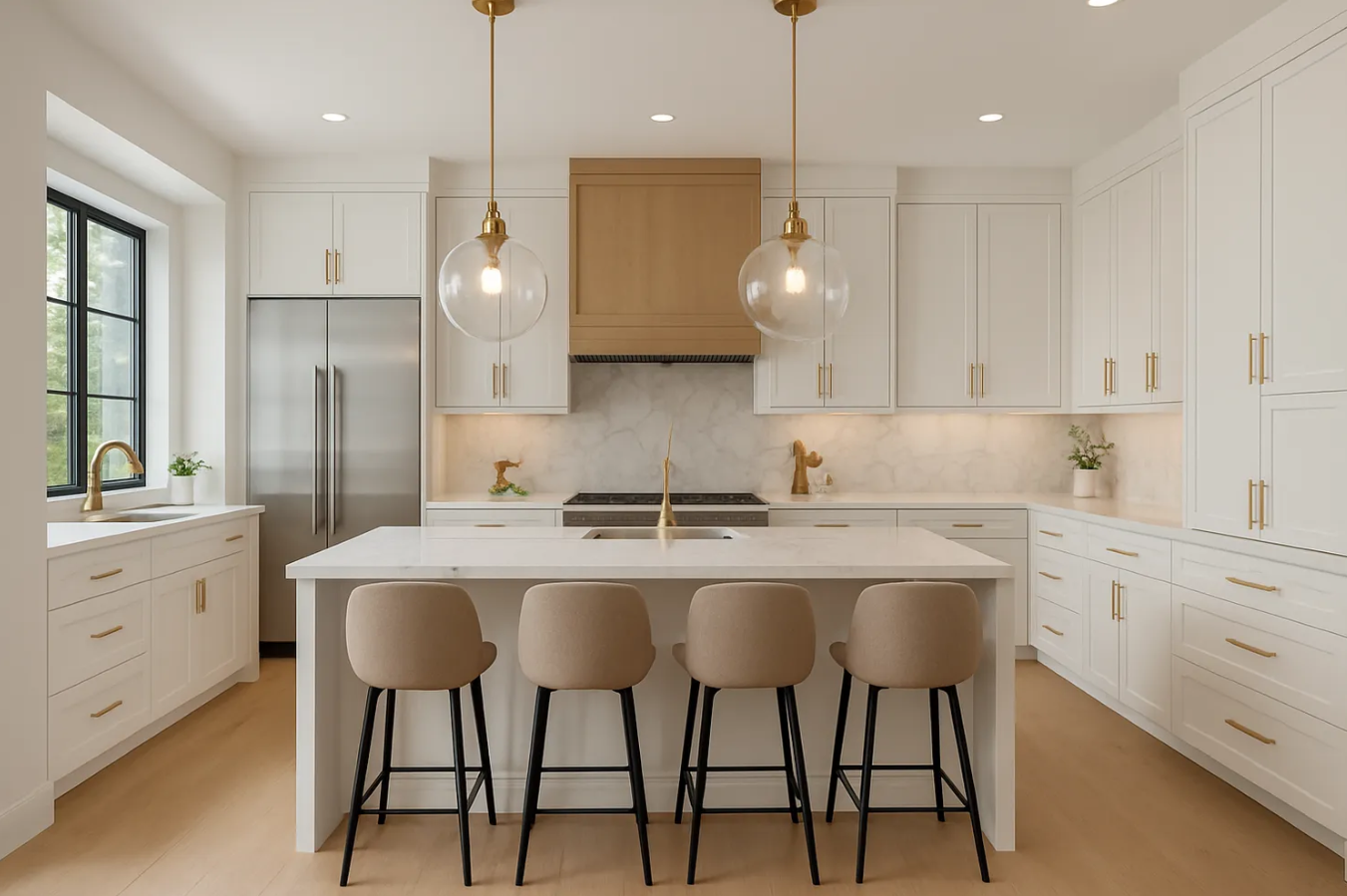 Modern living room with neutral colors, fireplace, large windows, and open staircase.