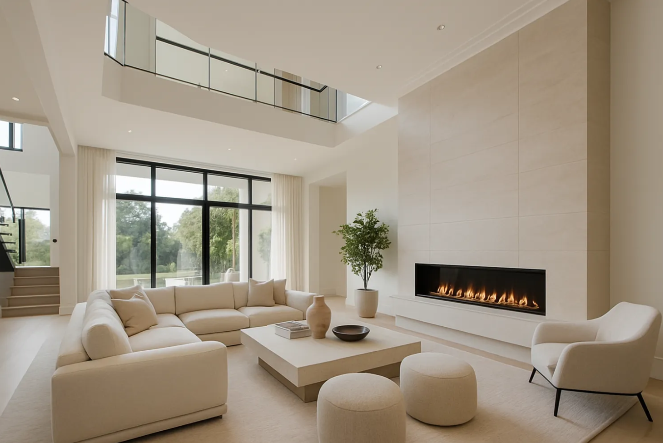 Modern white kitchen with island, wood accents, and gold fixtures.