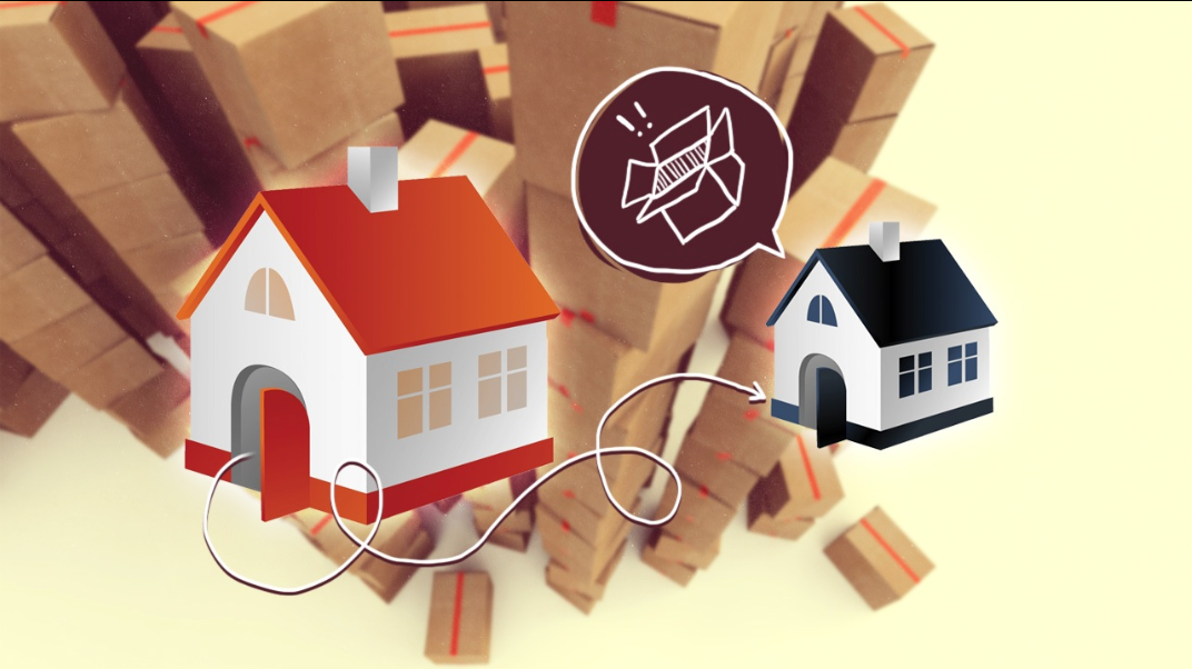 Two houses are surrounded by cardboard boxes and a speech bubble with a box in it