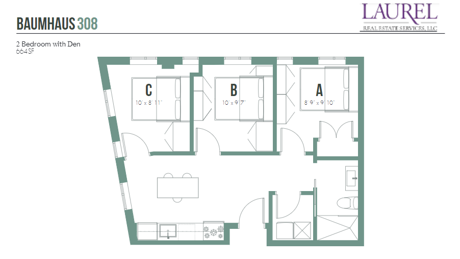 2 bedroom with den floor plan