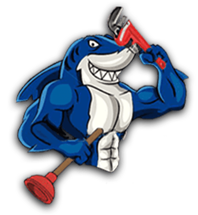 A shark is holding a wrench and a plunger.