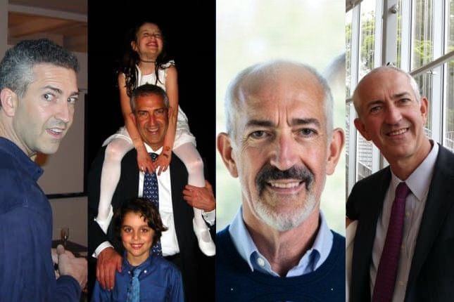 Four men in various poses. One smiles, two pose with children, and one in a suit smiles.