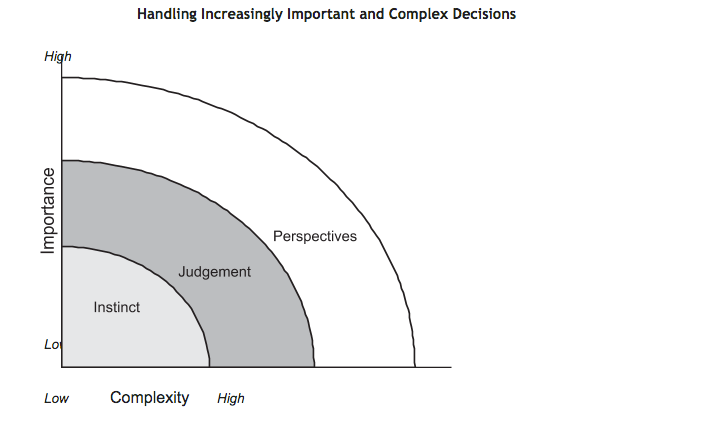 Chart illustrating decision-making: low to high complexity/importance levels, using instinct, judgment, and perspectives.