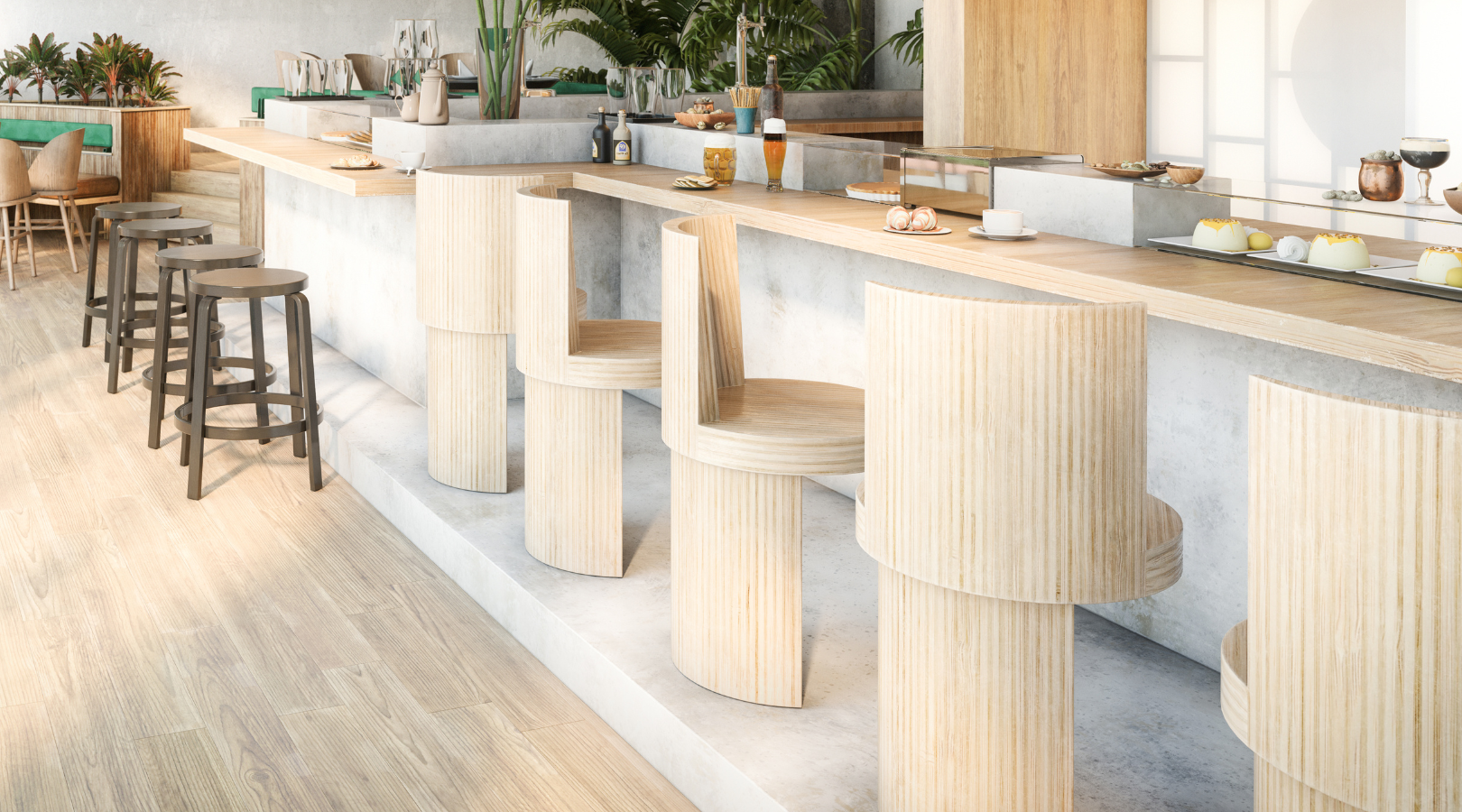 A row of wooden stools sitting next to a bar in a restaurant.