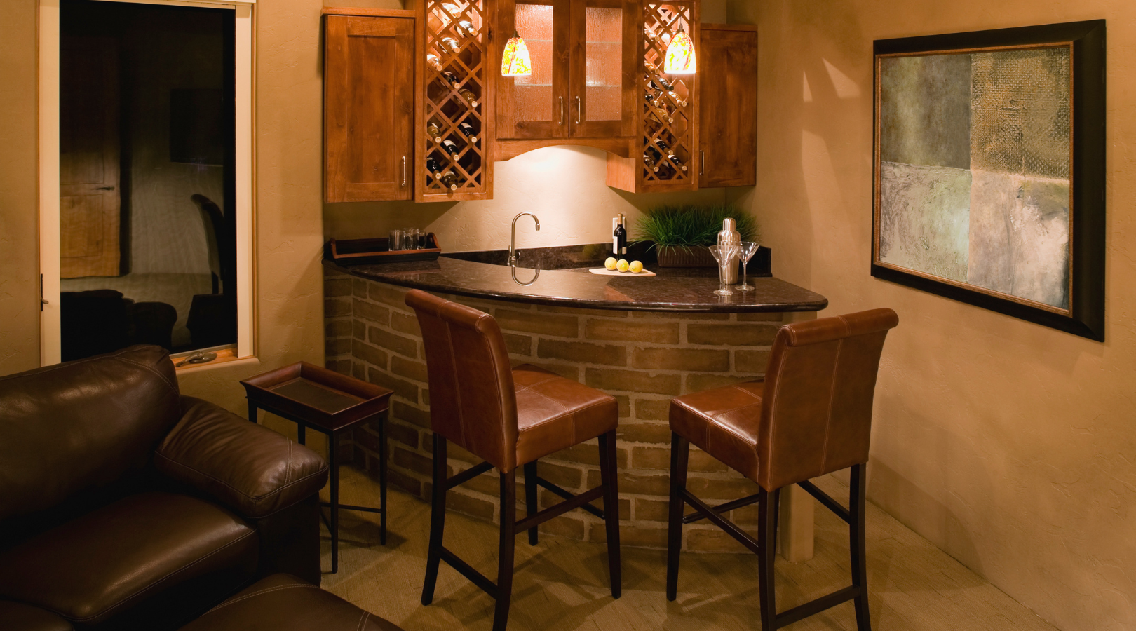 A home bar with 2 stools