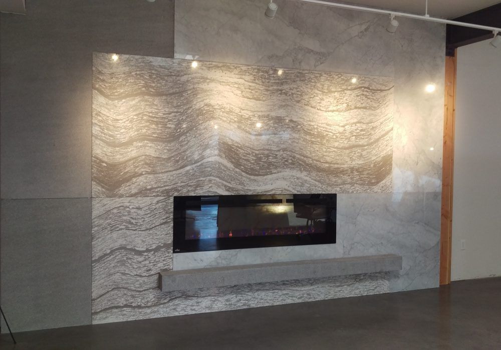 There is a fireplace in the middle of the room.