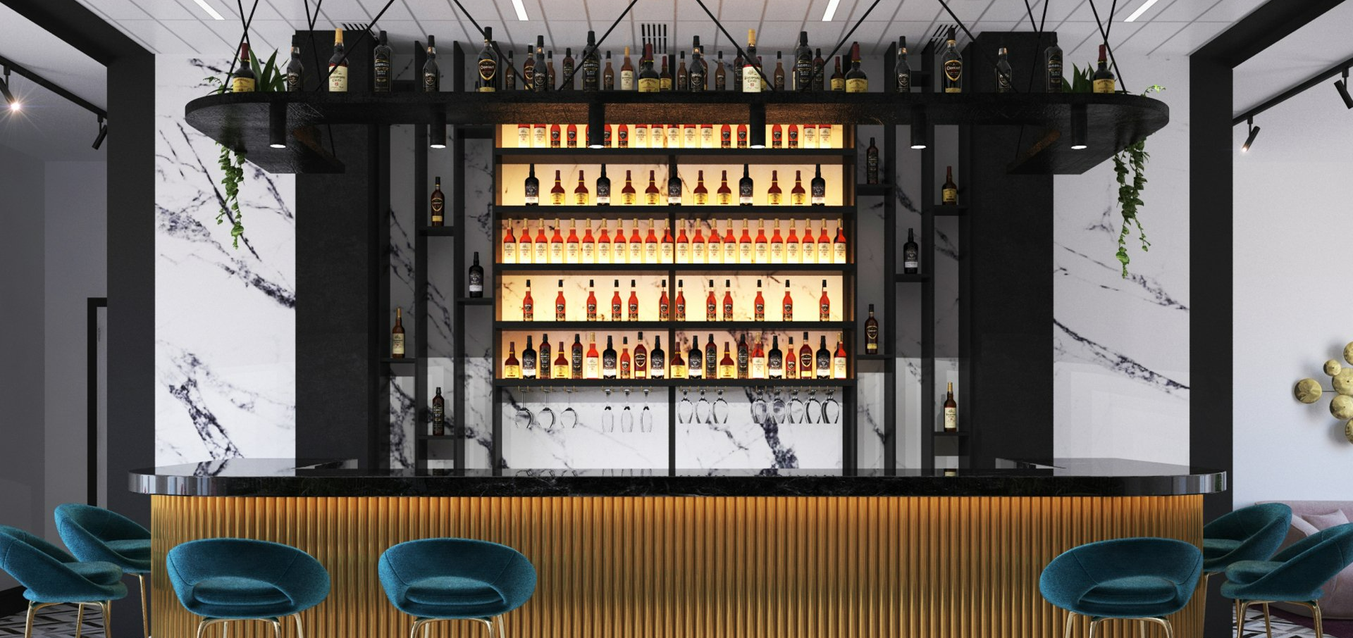 A bar with a lot of bottles on it and stools.