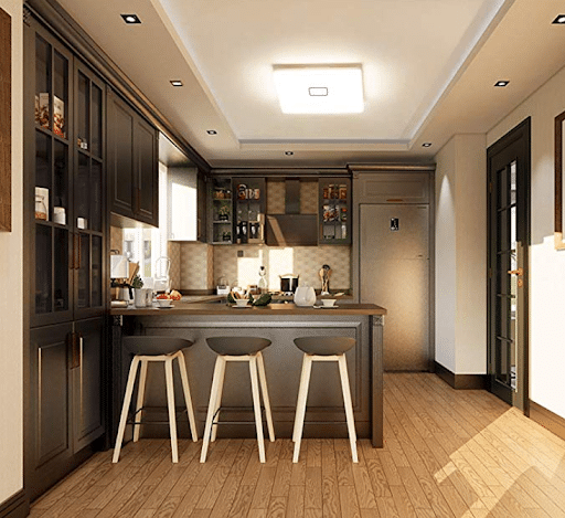 A kitchen with a large island and stools