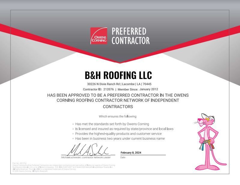A picture of a certificate for B&H Roofing as a preferred contractor in Slidell, LA
