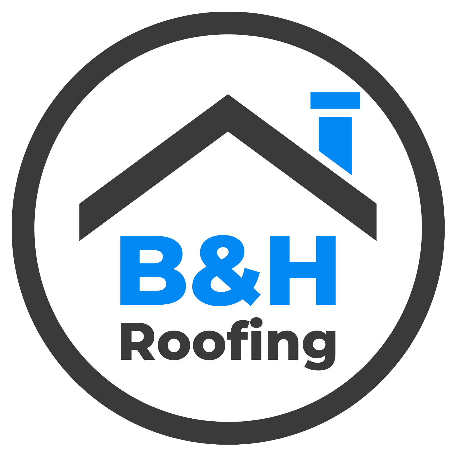 Logo for B&H Roofing: black roof and chimney within a white circle, blue text 