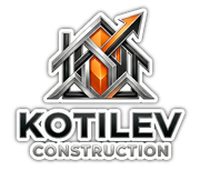 Kotilev Construction logo with metallic gray and orange geometric house icon