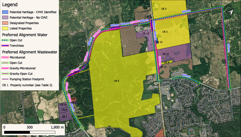 Satellite map with colored parcel overlays, roads, and labels marking a development plan area