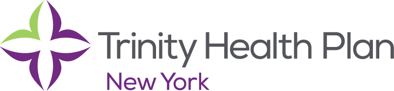 Trinity Health Plan New York logo. Flower-like emblem with green and purple petals, gray text below.