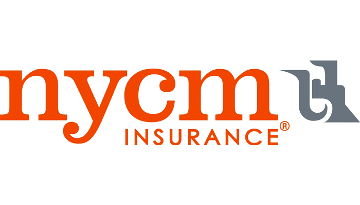 Nycm insurance logo, orange text with a stylized gray cityscape.
