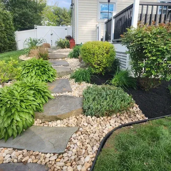 A garden with rocks , plants and steps leading to a deck.