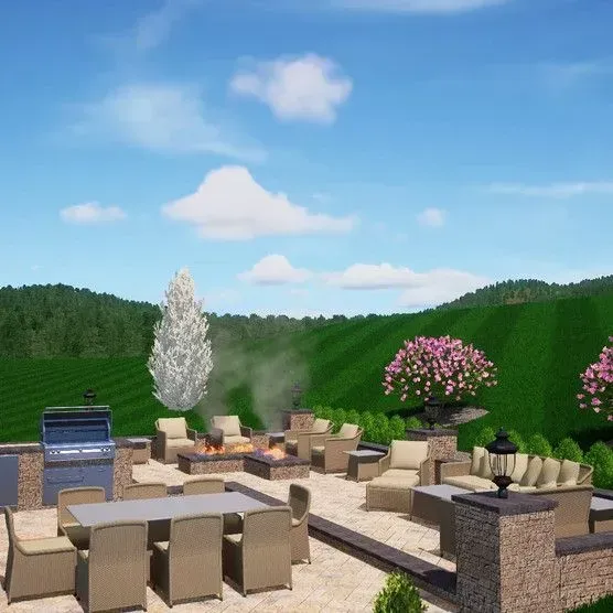 A patio with a table and chairs and a fire pit