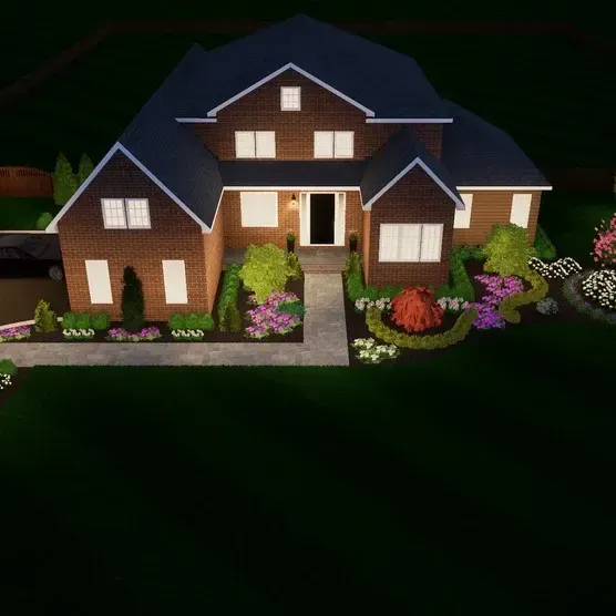 An aerial view of a large brick house with a blue roof at night.