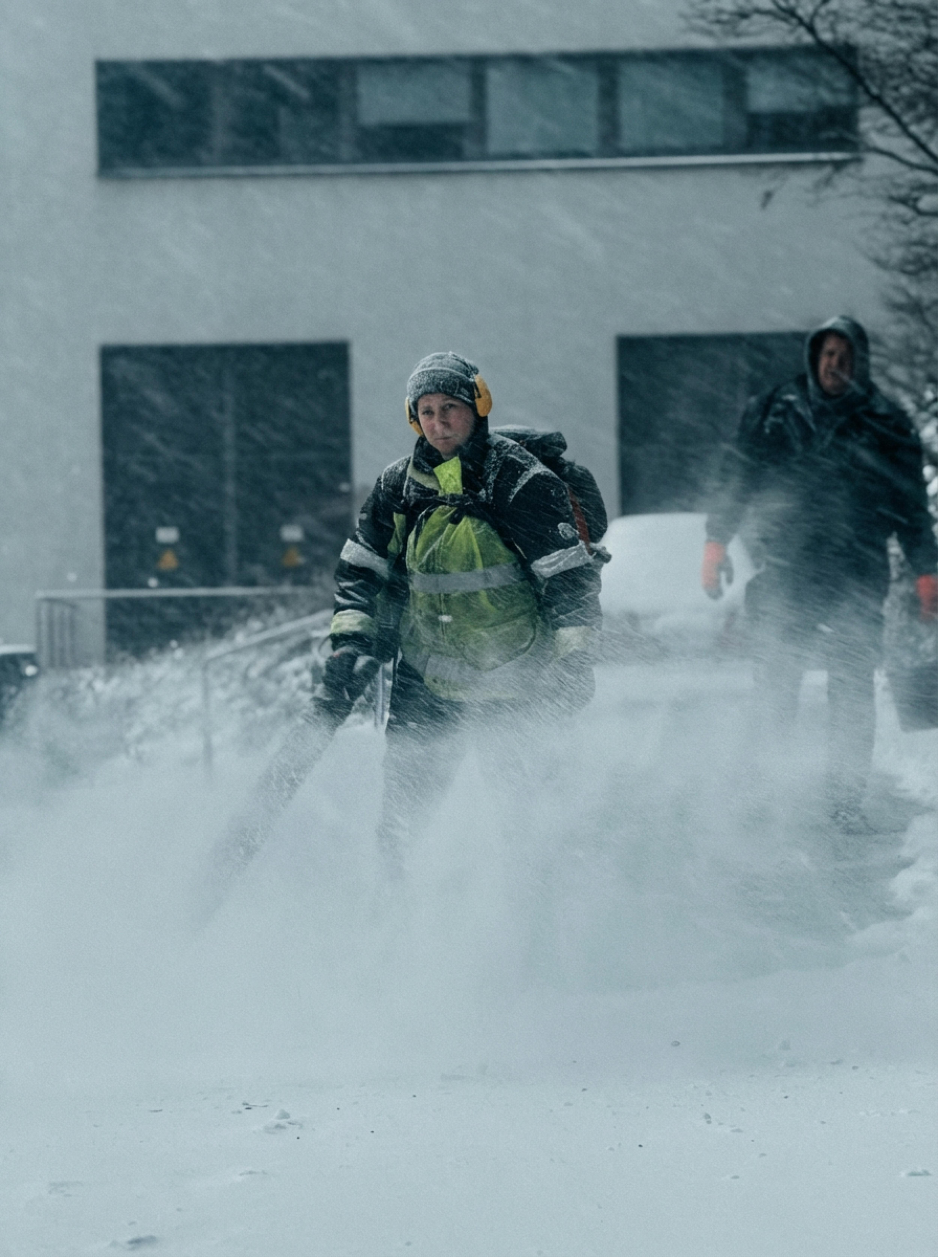Two people clearing snow with a blower, heavy snowfall in front of building.