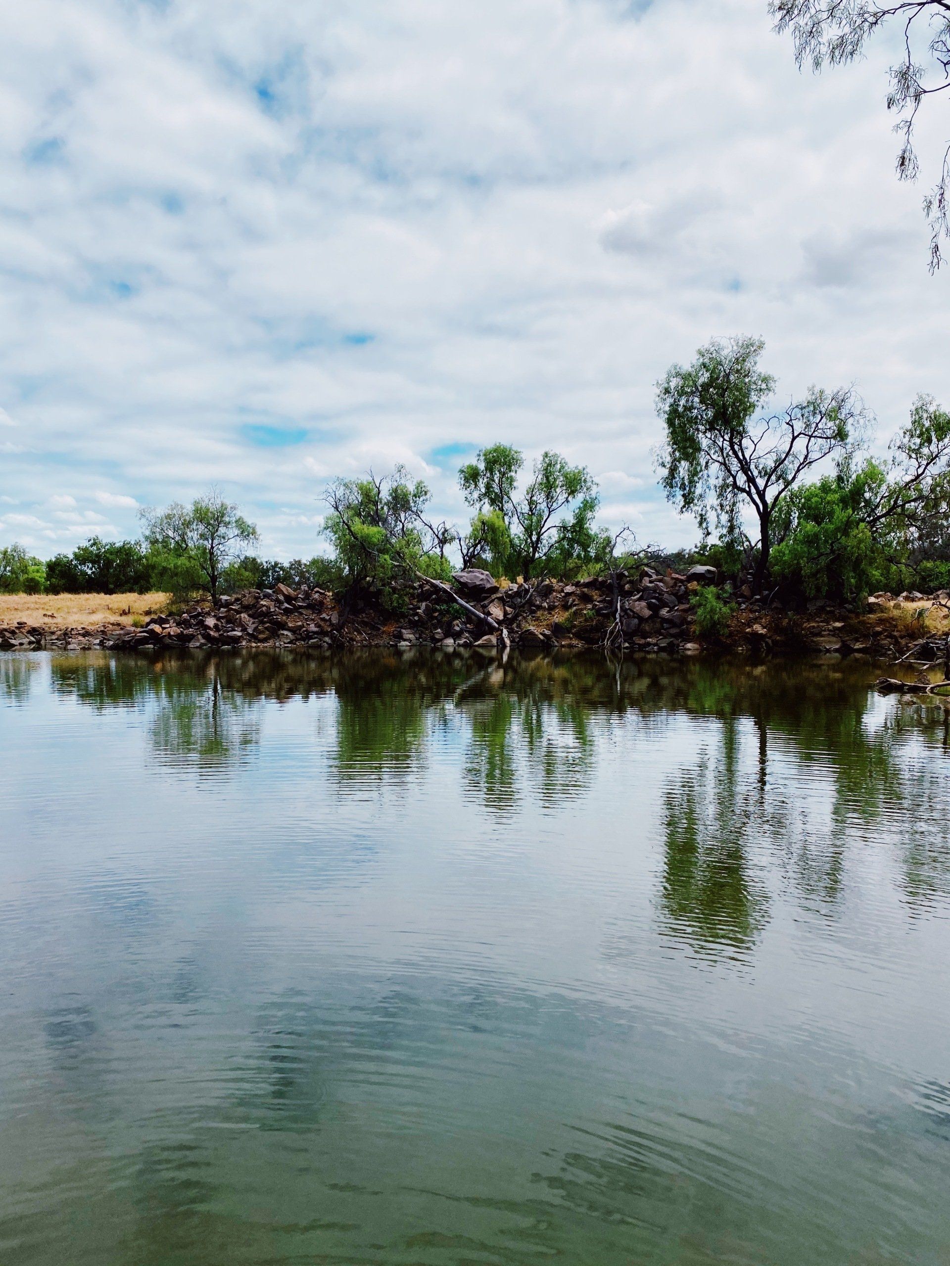 A large body of water surrounded by trees and rocks on a cloudy day.