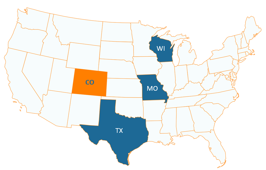 Map of the United States highlighting Colorado in orange and Texas, Missouri, and Michigan in blue.