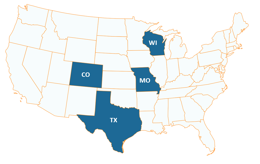 Map of the United States with Colorado, Wisconsin, Missouri, and Texas highlighted in blue.