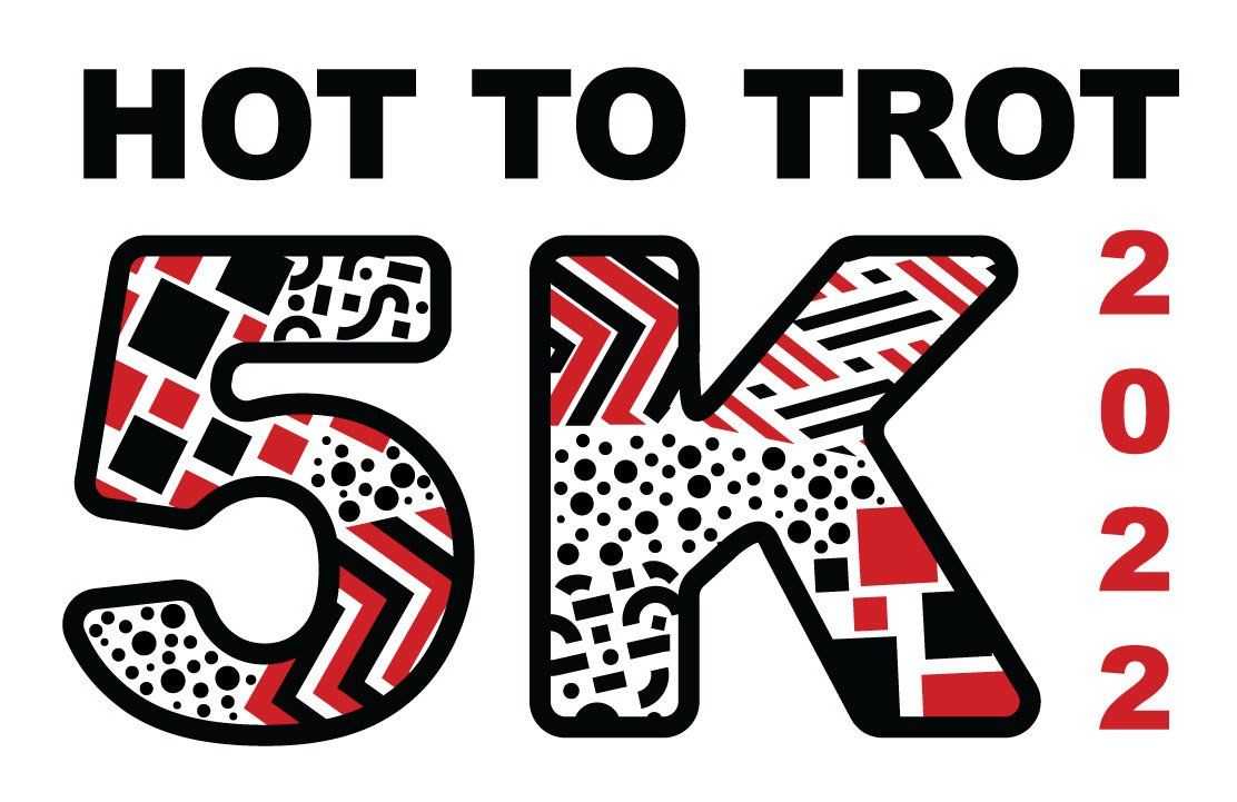 The logo for the hot to trot 5k is red , black and white.