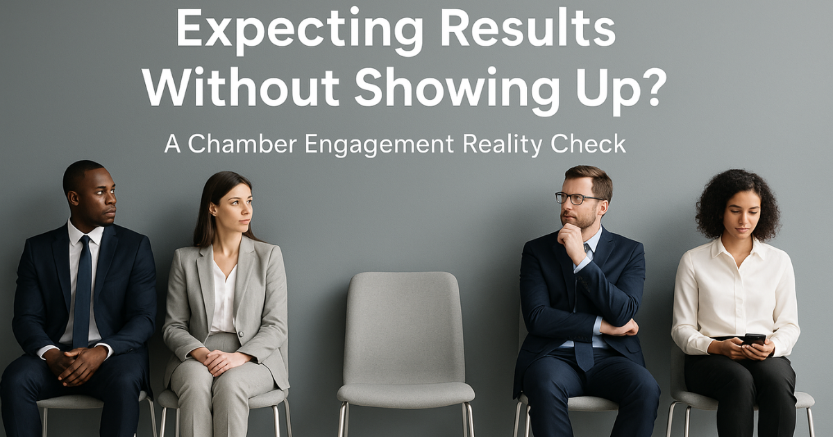 People sitting in chairs with one empty chair available for fellow chamber member.