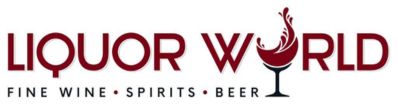 A logo for liquor world , a fine wine , spirits , and beer store.