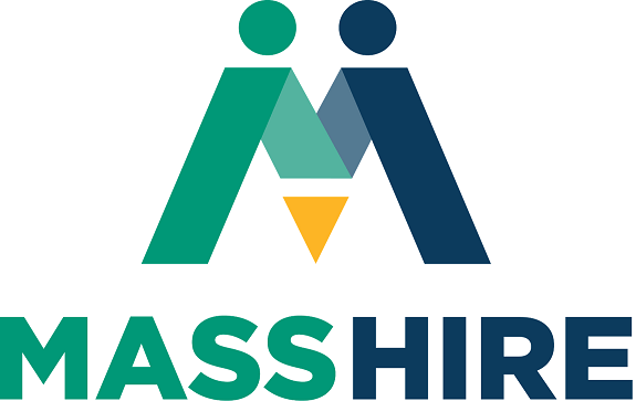 A logo for mass hire with two people and the letter m