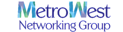 The logo for metro west networking group is blue and purple.