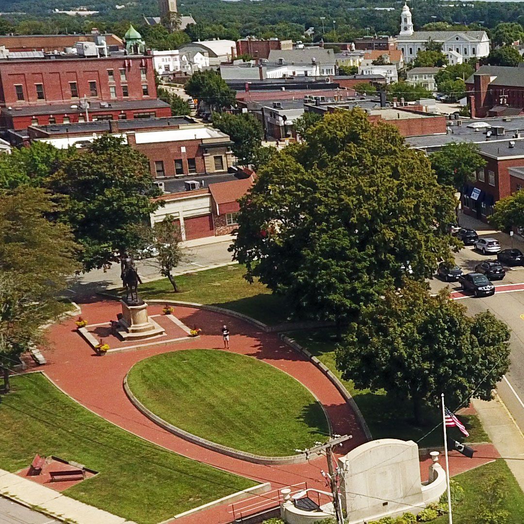 An aerial view of a park in a city
