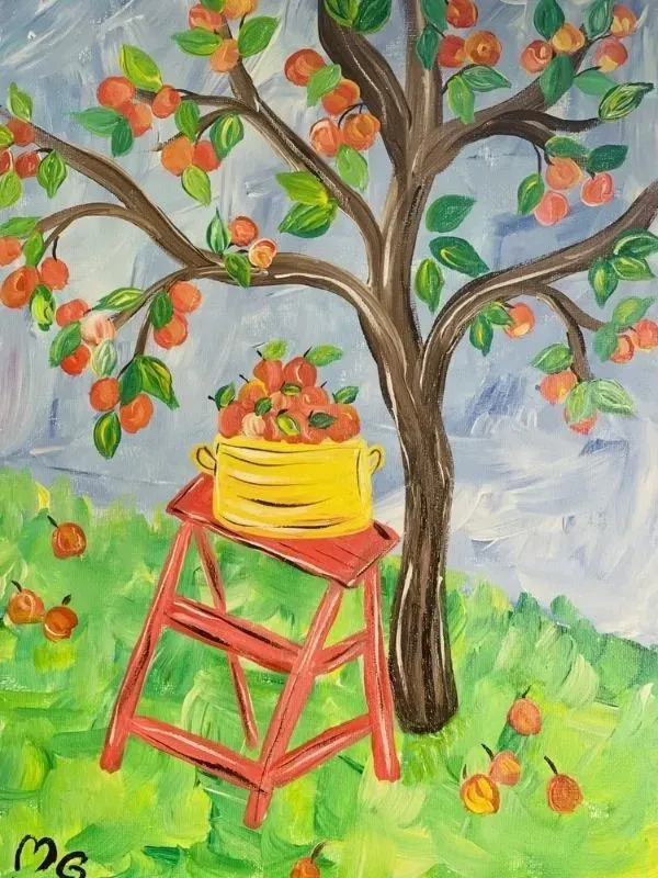 Apple tree painting with red ladder, yellow basket filled with apples, green grass, and blue sky.