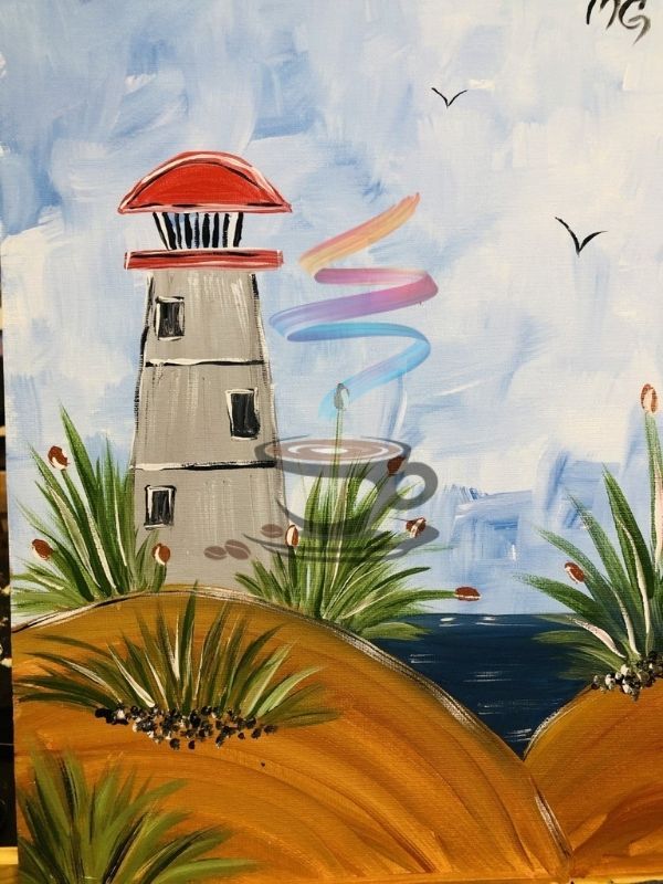 A painting of a lighthouse with a cup of coffee on top of it