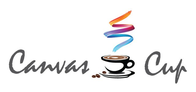 A logo for canvas cup with a cup of coffee and smoke coming out of it