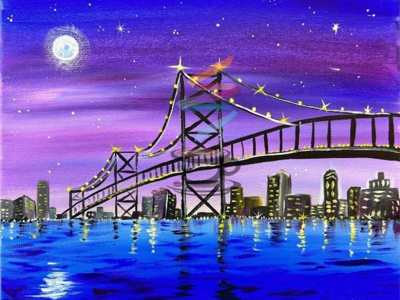 A painting of a bridge over a body of water at night