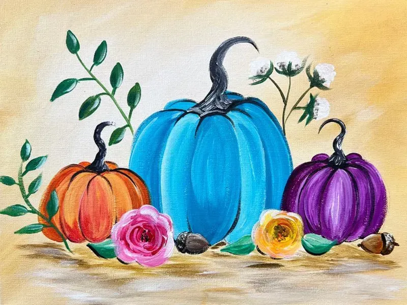 Colorful pumpkins, flowers, and foliage on a golden-yellow background.