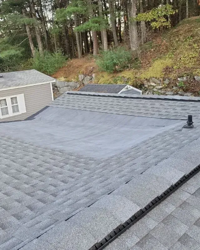 A house with a roof that is covered in shingles and trees in the background.